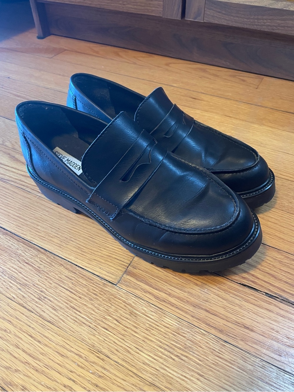 Steve Madden Black Leather Platform Lug Sole Penny Loafers 9.5